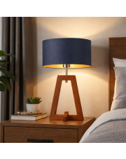 Drewniana lampka nocna na stolik nocny CLIO GOLD z materiałowym abażurem