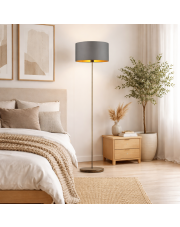 Szara lampa podłogowa w stylu nordic WERONA GOLD z abażurem ze złotą amplą