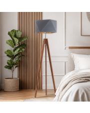 Lampa podłogowa na trójnogu w stylu skandynawskim LAGOS GOLD z szarym abażurem ze złotym wnętrzem