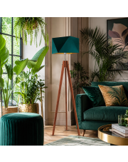 Nowoczesna lampa podłogowa do salonu na trójnogu LAGOS GOLD z abażurem zieleń butelkowa ze złotym wnętrzem