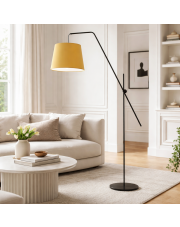 Czarna lampa stojąca do salonu na ruchomym ramieniu VIGO z abażurem musztardowym