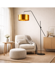 Czarna lampa podłogowa na długim wysięgniku BILBAO MIRROR z miedzianym abażurem o średnicy 40 cm