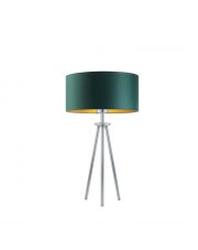 Srebrna lampa stołowa na trójnogu w stylu urban jungle ALTA GOLD z abażurem w kolorze zieleni butelkowej