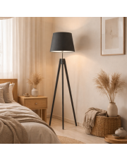 Nowoczesna lampa stojąca do salonu z włącznikiem nożnym ARUBA na drewnianym stelażu