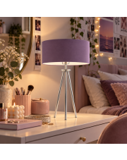 Srebrna lampa stołowa na trójnogu z fioletowym kloszem w stylu art deco do salonu ALTA