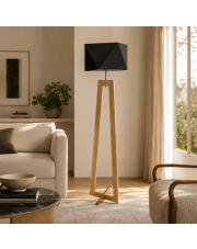 Lampa podłogowa drewniana do salonu BAKU z brązowym abażurem