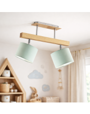 Drewniana lampa sufitowa miętowa do pokoju dziecka EPIR z 2 źródłami światła i regulowanymi kloszami