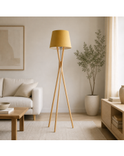 Dębowa lampa stojąca typu tripod ANDORA z musztardowym kloszem