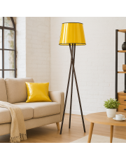 Drewniana lampa stojąca na trójnogu w stylu glamour ANDORA MIRROR ze złotym abażurem