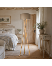 Drewniana lampa stojąca z trójnożną podstawą ELX