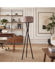 Drewniana lampa stojąca tripod ELX z designerskim kloszem