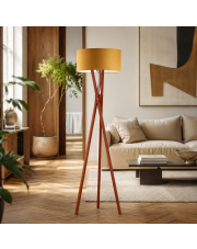 Elegancka lampa drewniana z musztardowym abażurem do salonu ELX
