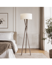 Lampa do salonu drewniana tripod z jasnym abażurem ELX