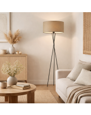Nowoczesna lampa podłogowa na trójnogu do salonu PARYŻ z beżowym tkaninowym abażurem
